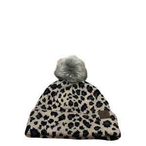 C.C Leopard Print Beanie with Pom-Pom
